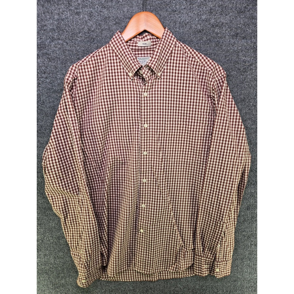 J. Crew Mens Secret Wash Slim Fit Gingham Shirt Burgundy White Large Stretch